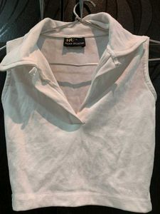 Sleeveless White Cropped Polo | Collared Top |