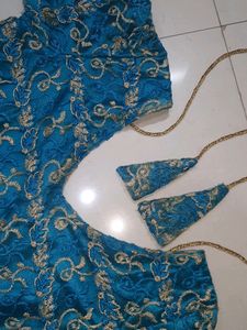 Customized V Neck  Sky Blue Net satin Kurti