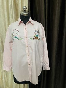 Oversized Pink Embroidered Button-Down Shirt