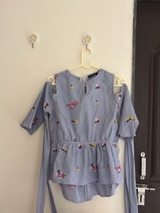 Embroidered Cold Shoulder Striped Peplum Top