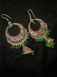 Boho Jhumka Earrings with Green Beads
