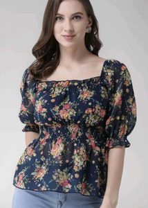 Navy Floral Smocked Peplum Top
