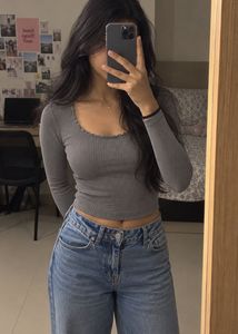 Grey Ribbed Long Sleeve Crop Top