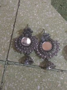 Oxidized Silver Mirror Jhumka Earrings