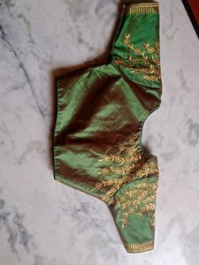 Emerald Green Silk Blouse with Gold Embroidery