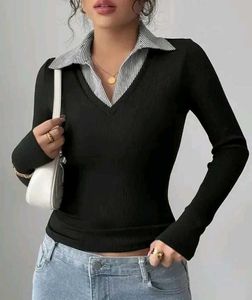 Stylish Black V-Neck Long Sleeve Top