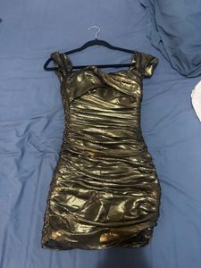 Metallic Off-Shoulder Ruched Mini Dress