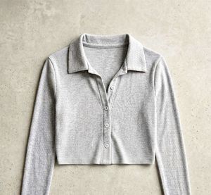 Grey Ribbed Cropped Polo Top