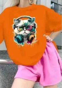 Orange Graphic oversized Tshirt with Cat Design