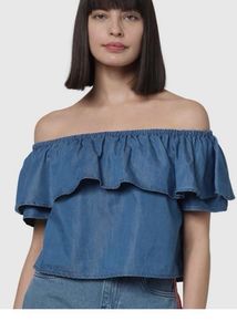 last price Blue Denim Off-Shoulder Ruffled Top