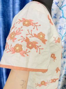 Cream Embroidered Crop Top with Front Ties