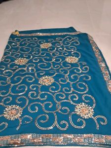 Teal Saree with Sequins &amp; Embroidery