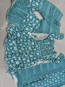 Teal Floral Print Kurta Set
