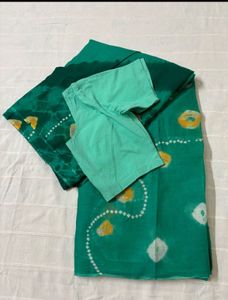 Emerald Green Bandhani Saree with Yellow Motifs