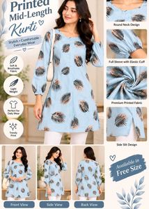 Light Blue Printed Mid-Length Kurti