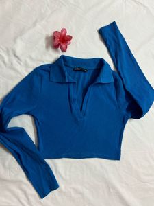 ZARA Blue Collared Crop Top
