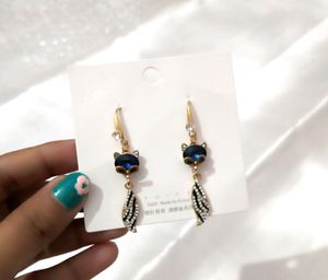 Long Party Wear Designer Earrings Blue Colour Stone