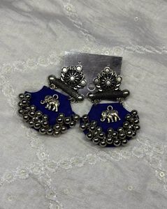 Elephant Charm Drop Earrings - Blue