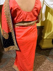 Elegant Peach Saree with Blue Border