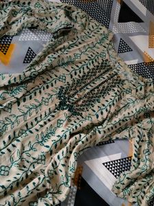 Cream &amp; Green printed mirror work Floral Kurta .