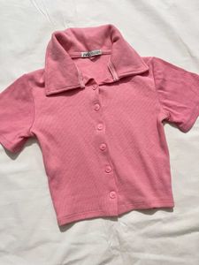 Pink Ribbed Collared Crop Top
