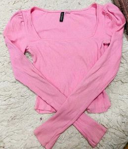 Chic Pink Puff Sleeve Square Neck Top