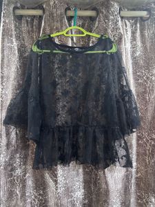 Sheer Black Lace Bell Sleeve Top