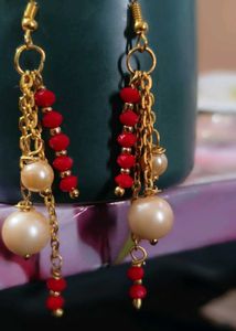 Handmade Elegant Pearl and Red Stone Drop Earrings