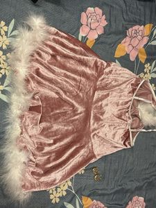 Cute Pink Velvet Lingerie Dress with Fur Trim