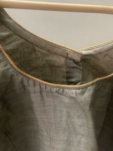 Elegant Grey Blouse with Red &amp; Gold Sleeves