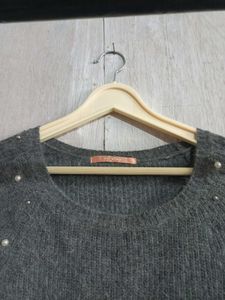 Gray Knit Sweater with Pearls