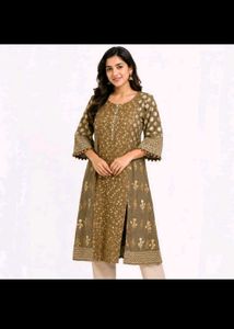 Olive Green & Gold Print Kurti