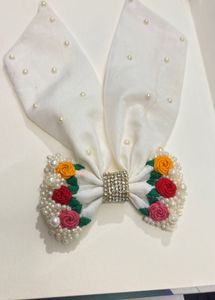 White Pearl & Floral Hair Bow Clip