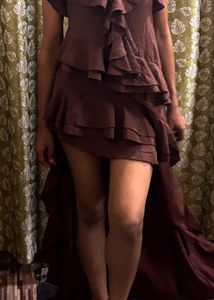 Brown Ruffled High-Low Dress