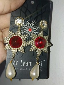 Stunning Red &amp; Pearl Dangle Earrings