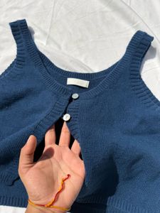 Navy Blue Button-Up Knit Crop Top