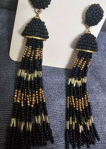 Black & Gold Beaded Tassel Earrings