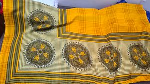 Elegant Linen Cotton Saree - Yellow Print