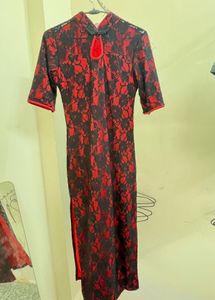 Korean Elegant Red & Black Lace Gown