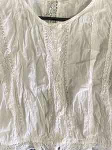 White Lace Trimmed Cropped Blouse