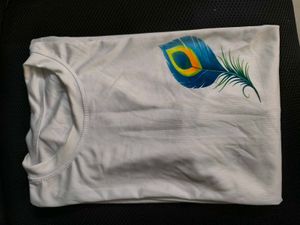 White T-Shirt with Peacock Feather