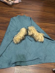 Elegant Teal Poncho with Fur Trim