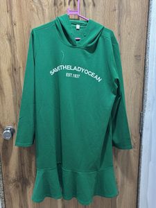 Green Hoodie Dress with Ruffle Hem
