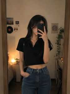 Black Cropped Collared Top