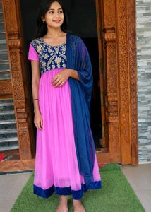 Stunning Pink & Blue Embroidered Anarkali Suit