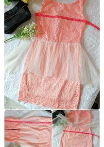 Peach Lace Dress with Tulle Overlay