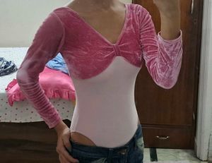 Pink Velvet Bow Detail Long Sleeve Top