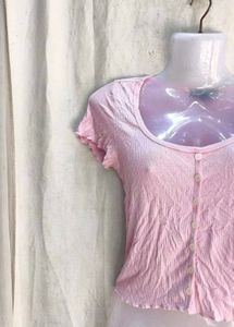 Cute Pink Ribbed Button-Up Crop Top