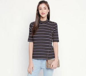 Annabelle Navy Textured Round Neck regular fit