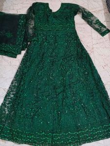 Emerald Green Sequined Gown with Dupatta